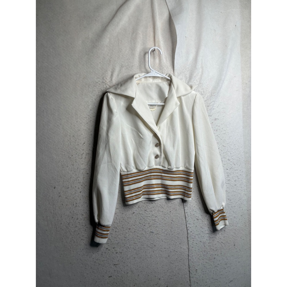 Vintage JCPenney Fashions White Cropped Jacket Metallic Striped Ribbed Trim 10